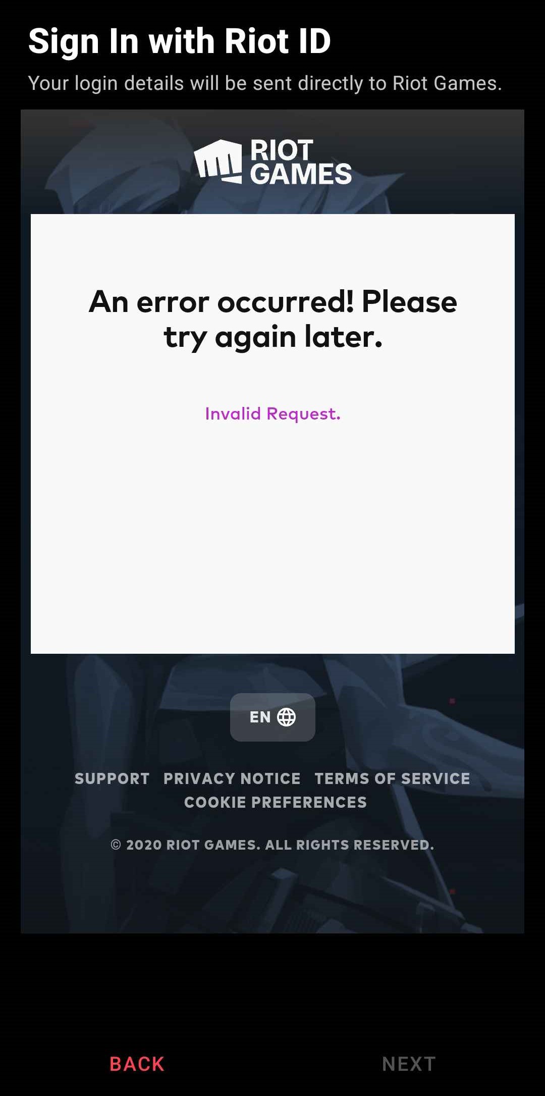 Screenshot from the Invalid Request error message